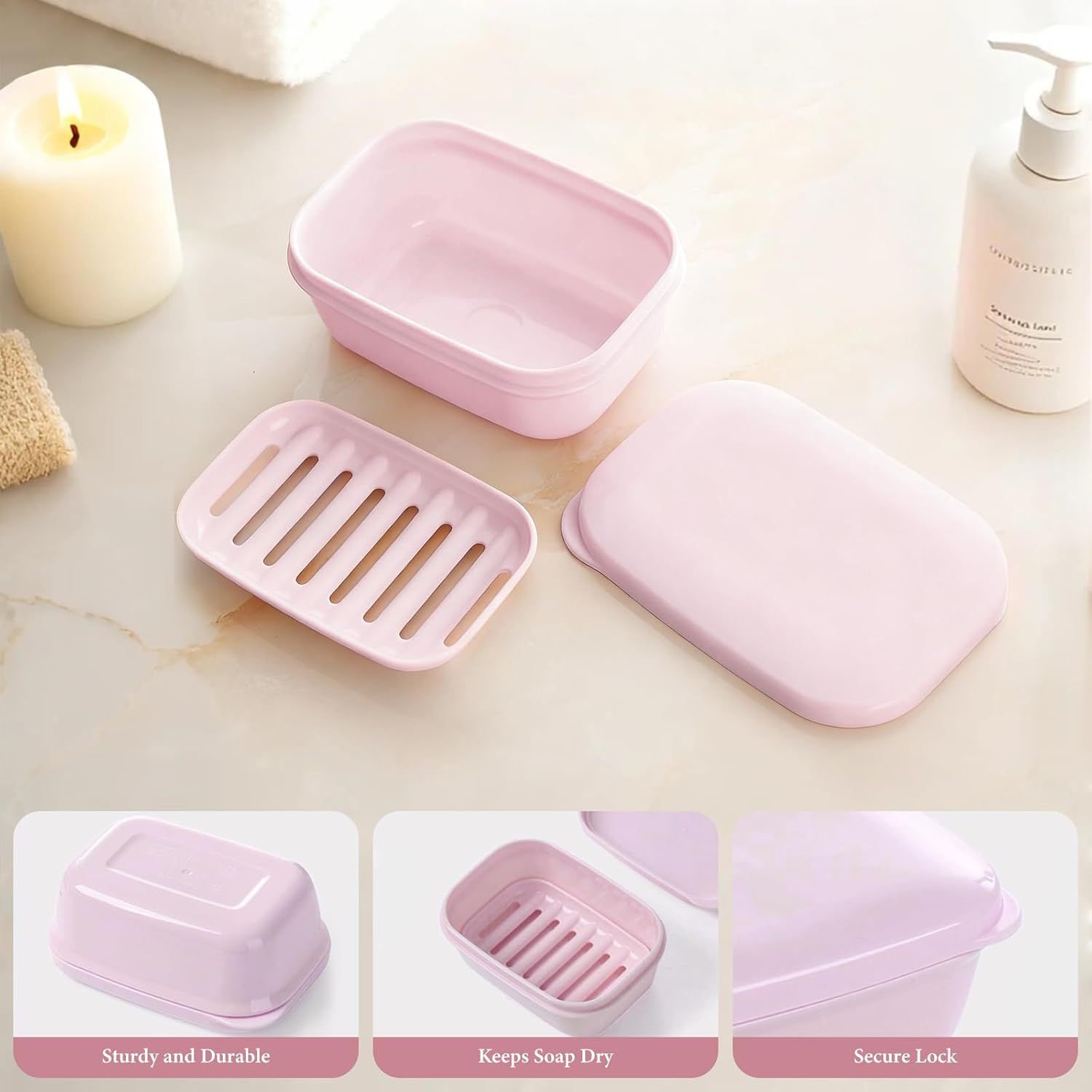 Communicates three distinct benefits of the soap dish through a segmented layout: durability, drainage functionality, and secure closure to reassure shoppers of its practical design.