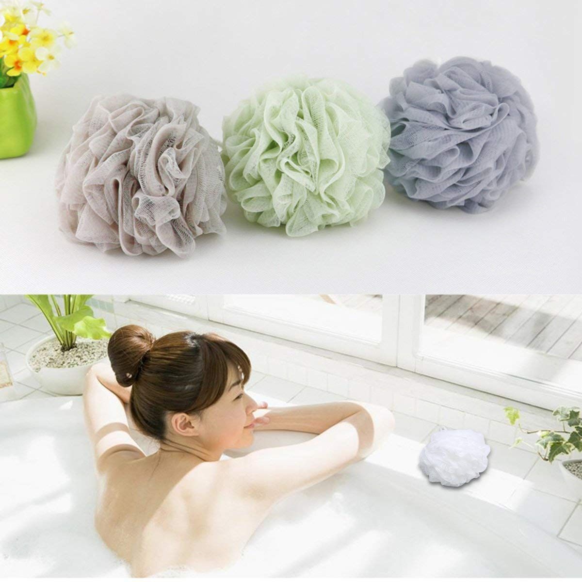 Showcases the available color options for the bath sponge product line, helping shoppers choose their preferred variant. Demonstrates the product in use during a relaxing bath, showing shoppers the…