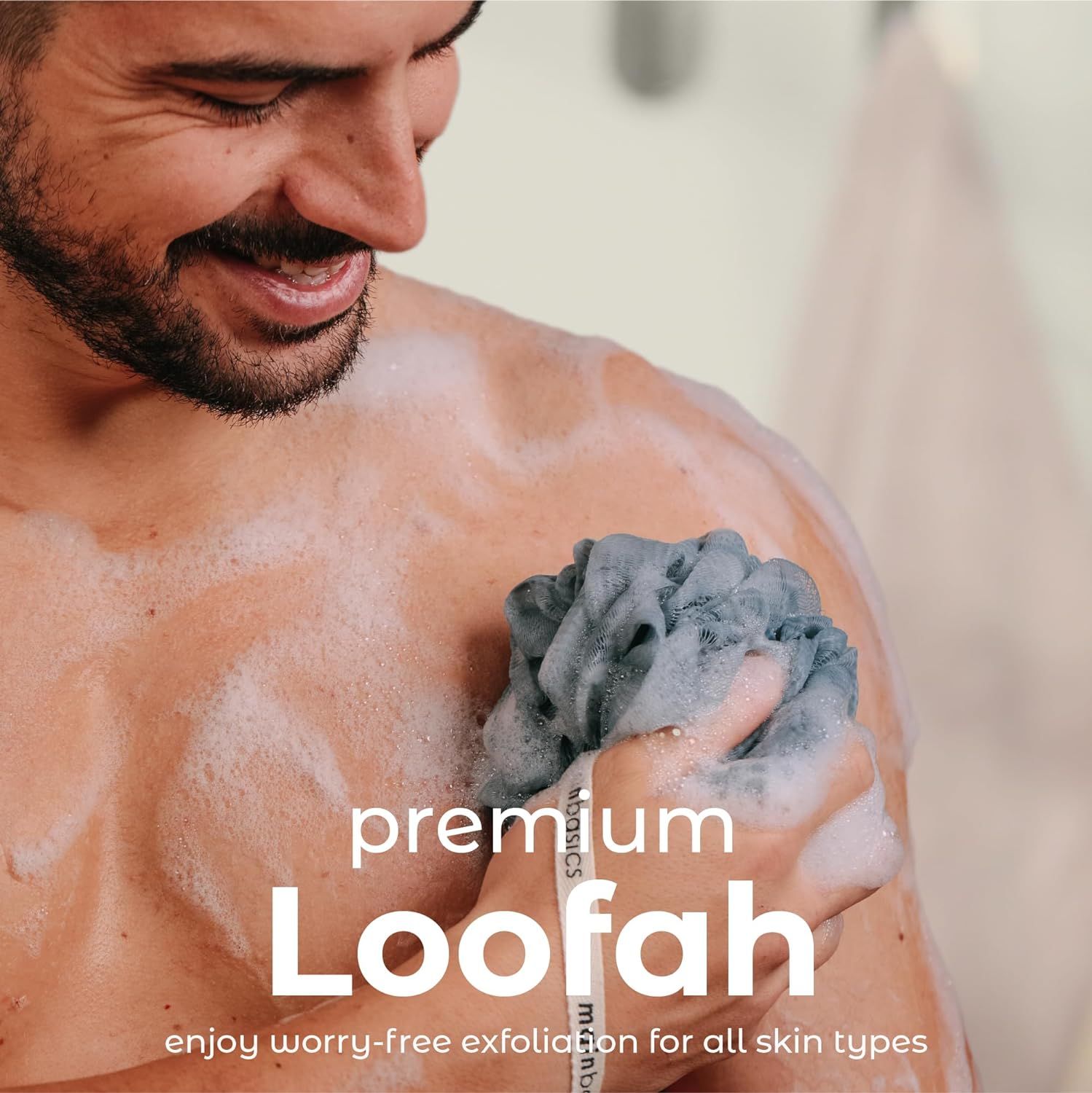 Communicates that this is a premium loofah product designed for gentle, worry-free exfoliation that works for everyone, regardless of skin type.