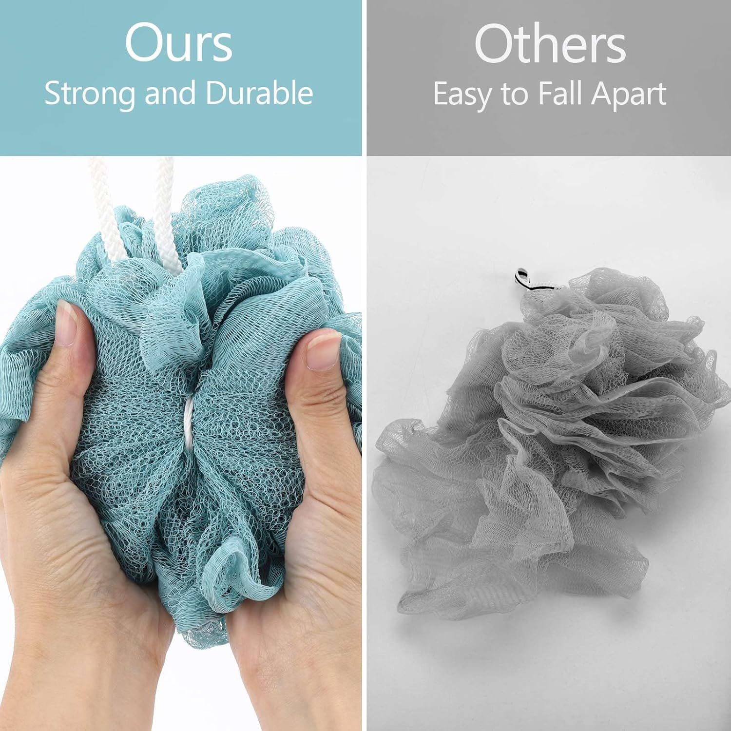 Demonstrates that this product is more durable and better constructed than competing bath loofahs, reassuring shoppers of superior quality and longevity.
