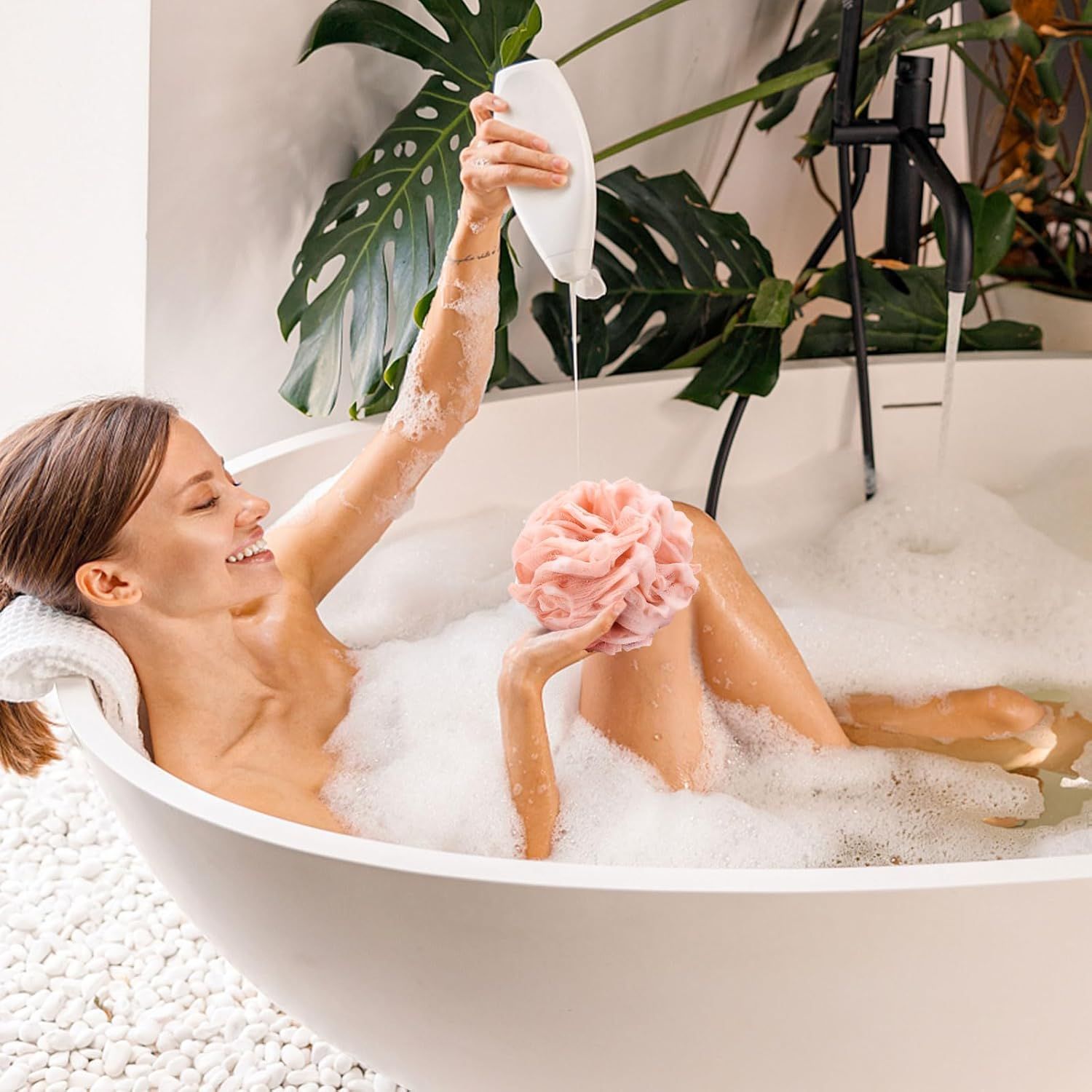 Showcases the product in a real-world spa-like bathroom setting to evoke feelings of relaxation, luxury, and self-care, helping shoppers visualize the experience of using the product.