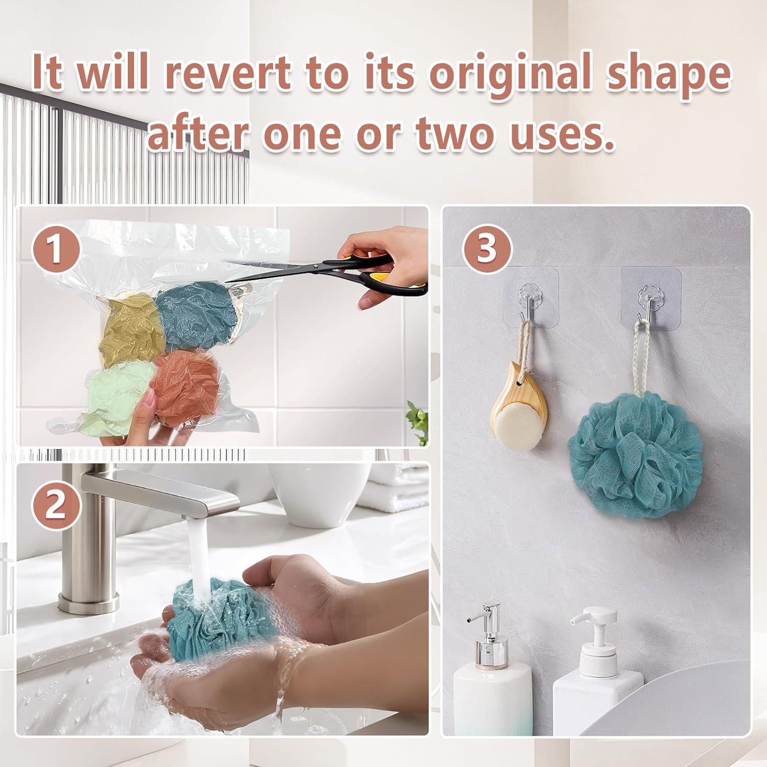 Demonstrates the 3-step process for using and maintaining the bath sponge, reassuring shoppers that the product will return to its original shape after use and is easy to care for.
