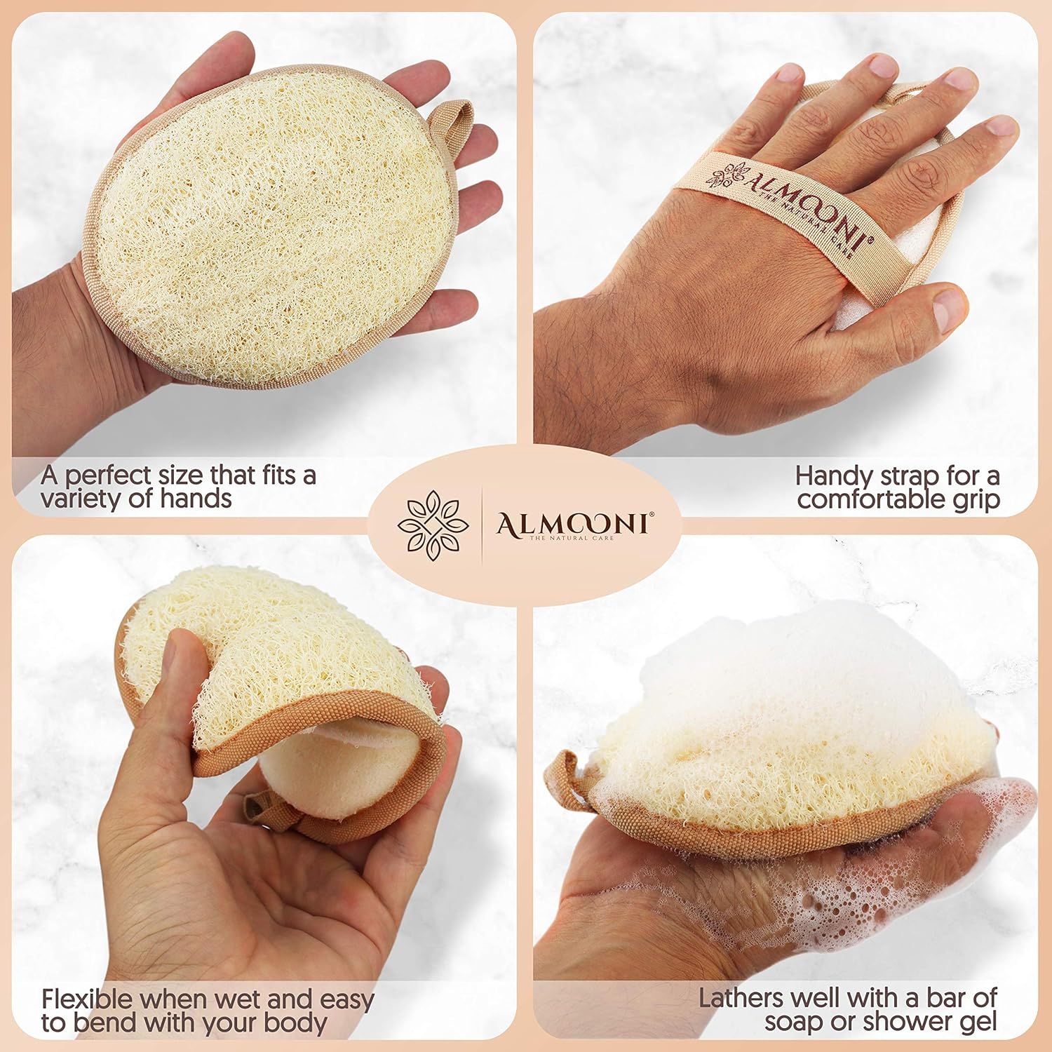 Communicates multiple product benefits in a segmented four-panel layout, showing the loofah's versatility, ergonomic design, flexibility, and lathering performance to reassure shoppers of its…