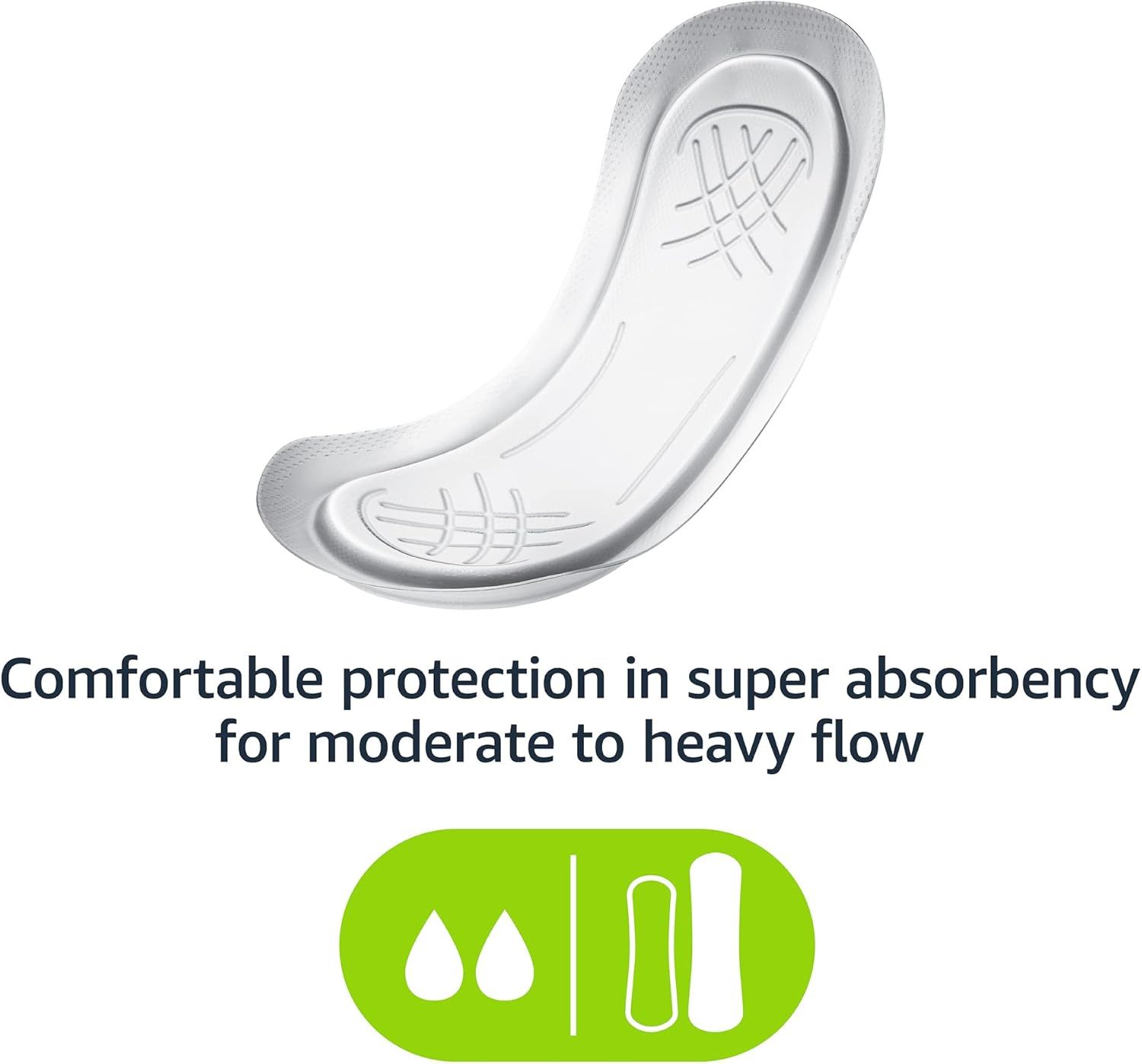 Communicates that the product provides comfortable protection with high absorbency for moderate to heavy flow, reassuring shoppers about its effectiveness and…