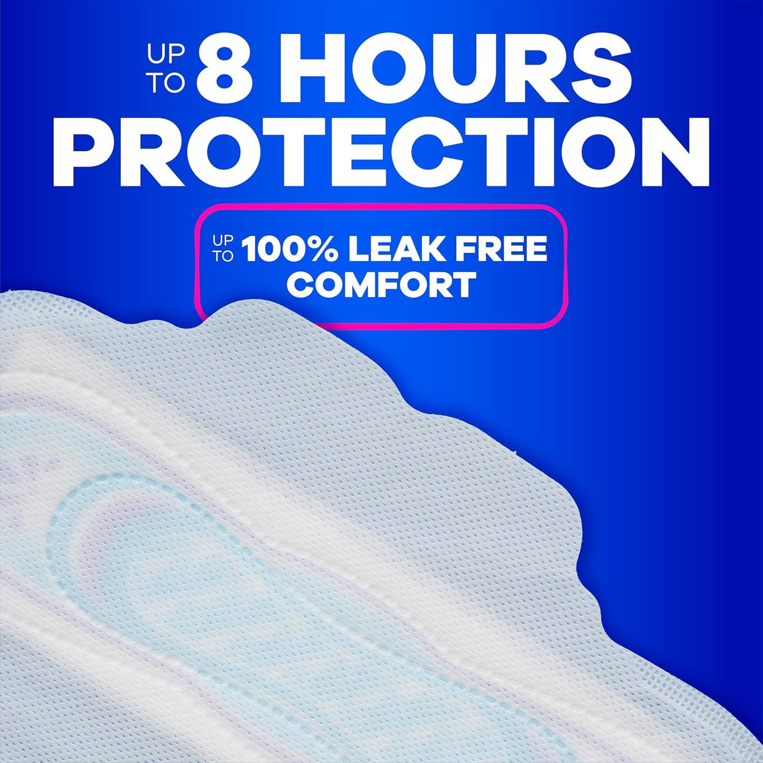 Communicates the product's performance duration and leak-free effectiveness to reassure shoppers of reliable, long-lasting protection and comfort.