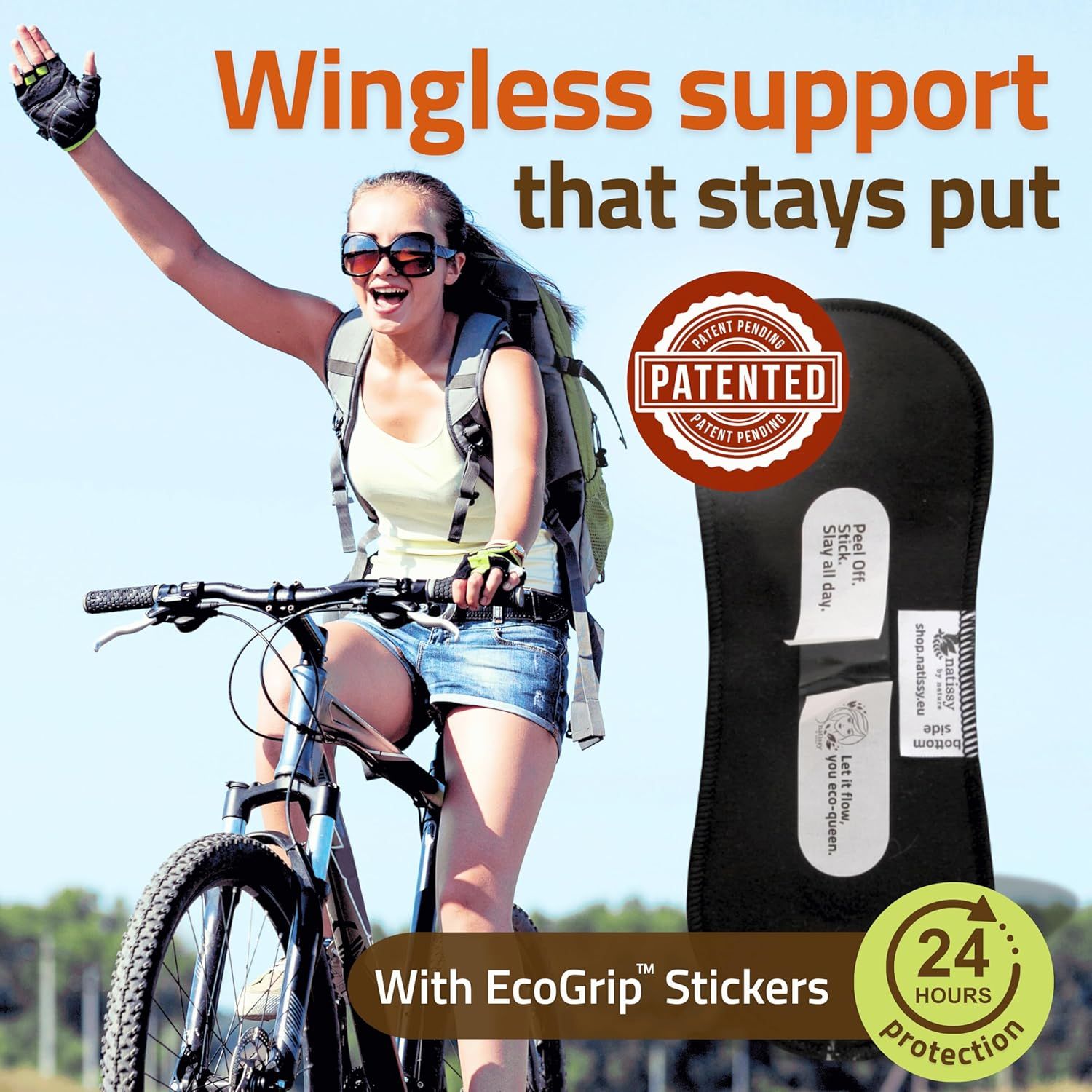 Communicates multiple key benefits of the product including its patented wingless support design, 24-hour protection duration, and eco-friendly sticker…