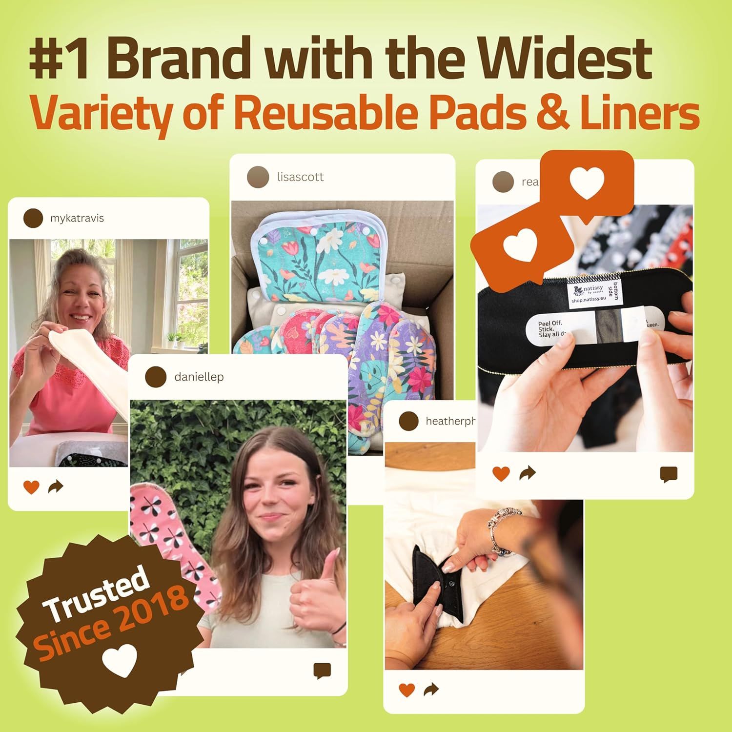 Builds social proof and trust by showcasing real customer photos and experiences with the reusable pads and liners, demonstrating authentic usage and satisfaction. Establishes brand credibility by…