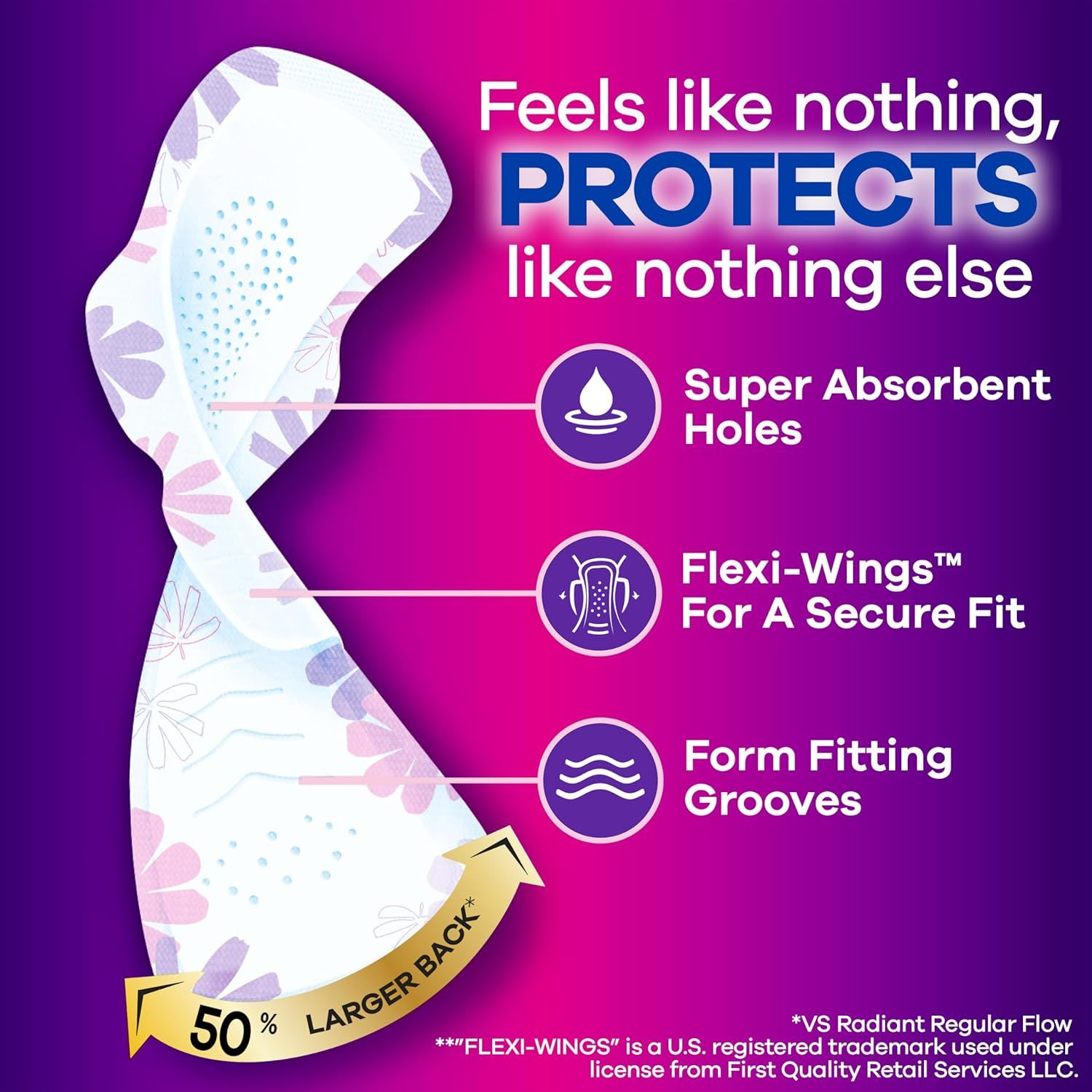 Breaks down the physical features of the pad to show how each component contributes to comfort, protection, and secure fit. Highlights three distinct product benefits in a segmented layout to…