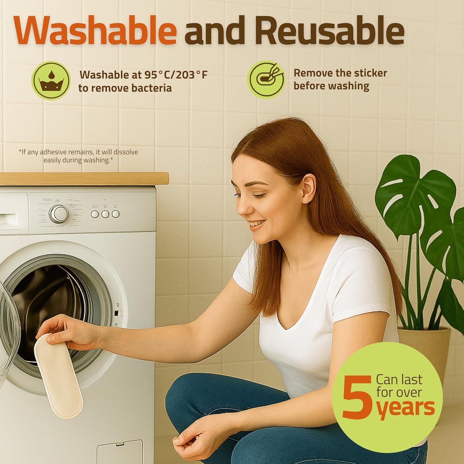 Communicates multiple benefits of the product including its washability at high temperatures to remove bacteria, reusability, and long-term durability (5+…