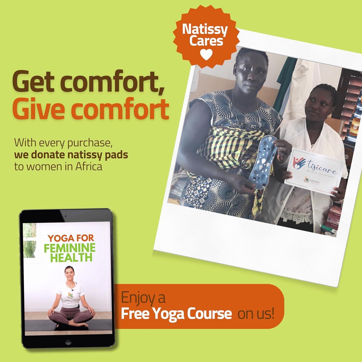 Communicates the brand's social mission and values by highlighting their charitable donation program (Natissy Cares) and free yoga course inclusion, building…