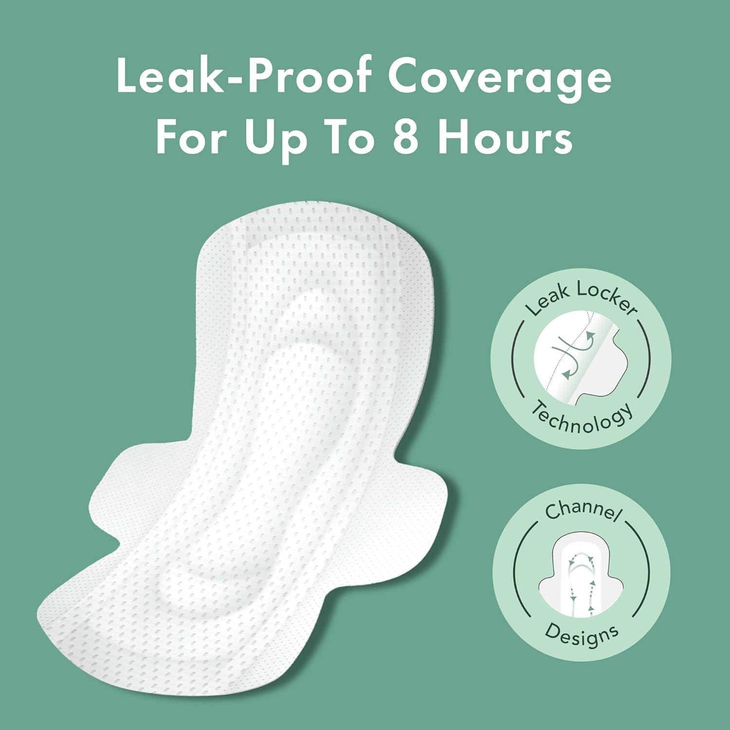 Communicates the product's performance capability of providing leak-proof coverage for up to 8 hours, reassuring shoppers about its effectiveness and reliability. Highlights the specific structural…