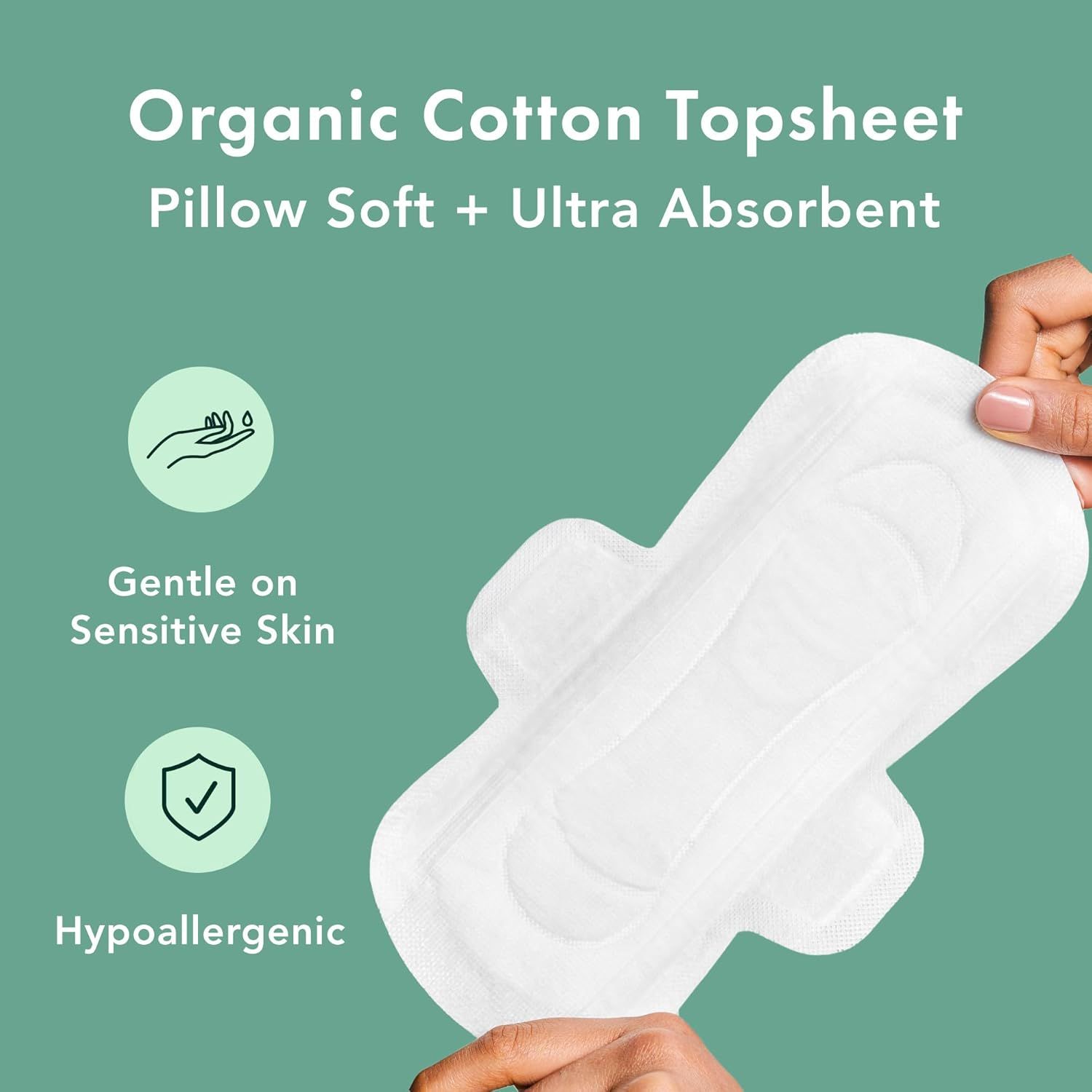 Communicates multiple key benefits of the product in a visually segmented layout, highlighting the organic material, softness, absorbency, and skin-friendly…