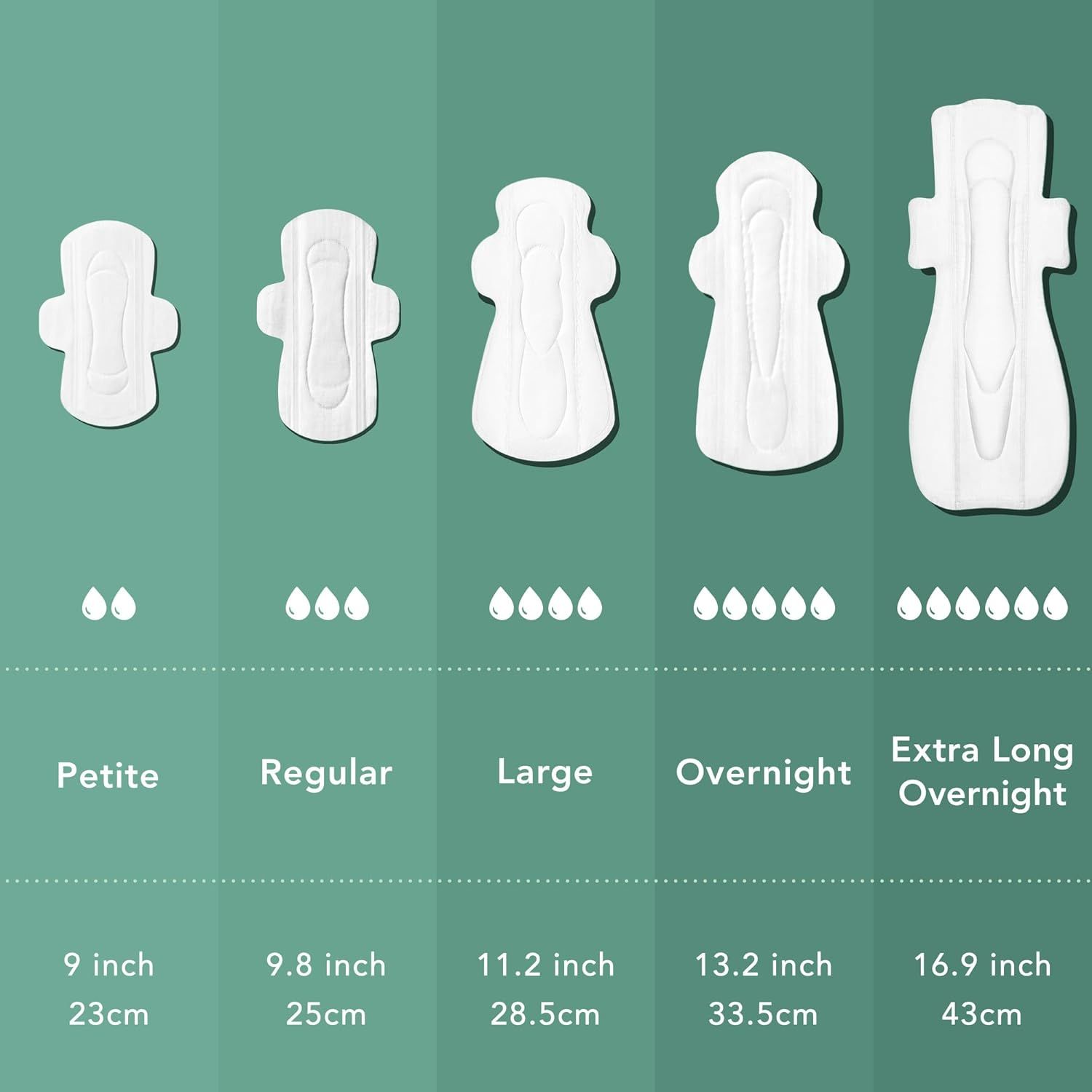 Helps shoppers choose the right pad size from the brand's product lineup by showing all available size options with corresponding absorbency levels and…