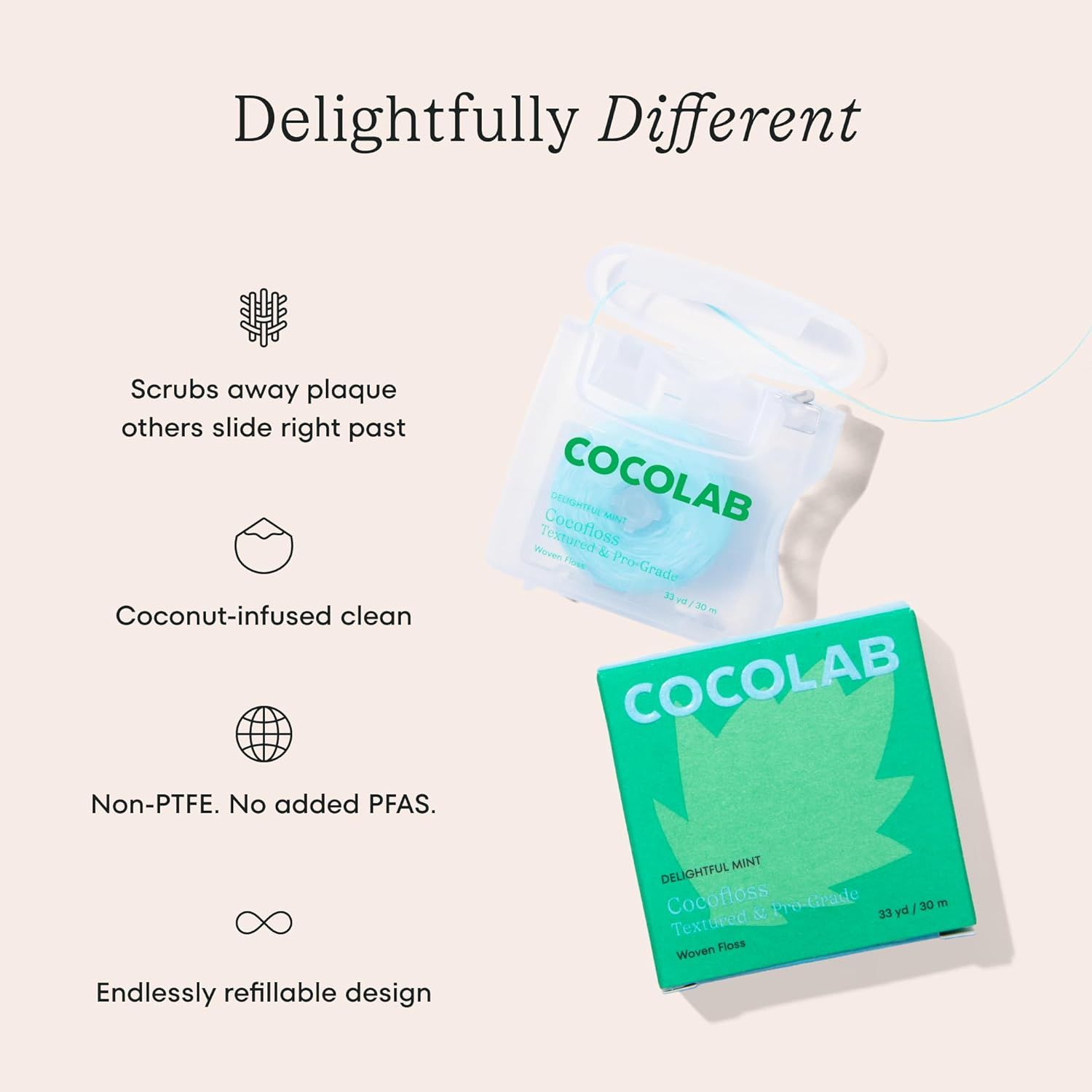 Communicates multiple distinct benefits of the dental floss product in a segmented layout with icons, highlighting effectiveness, natural ingredients, safety,…