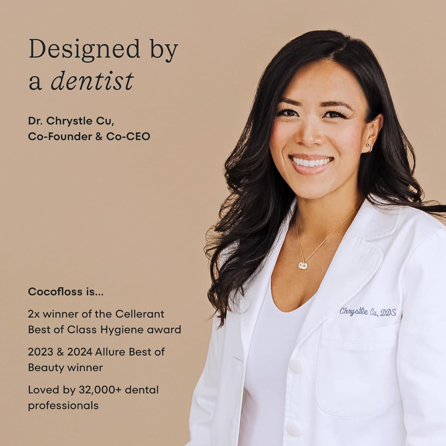 Establishes brand authority and trust by highlighting the dentist founder's credentials, professional expertise, and multiple industry awards to reassure…
