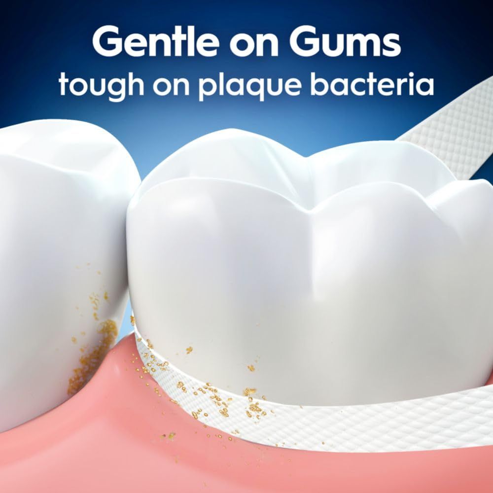 Communicates the dual benefit of the product being gentle on sensitive gum tissue while effectively removing plaque bacteria, reassuring shoppers about both…