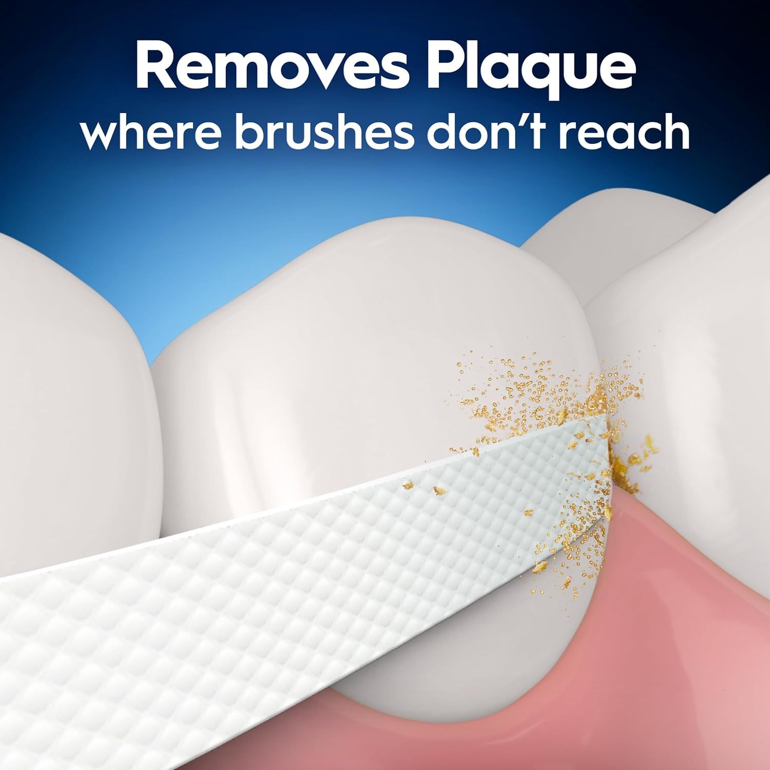 Demonstrates the product's ability to remove plaque from areas between teeth where traditional brushes cannot reach, reassuring shoppers of superior cleaning…