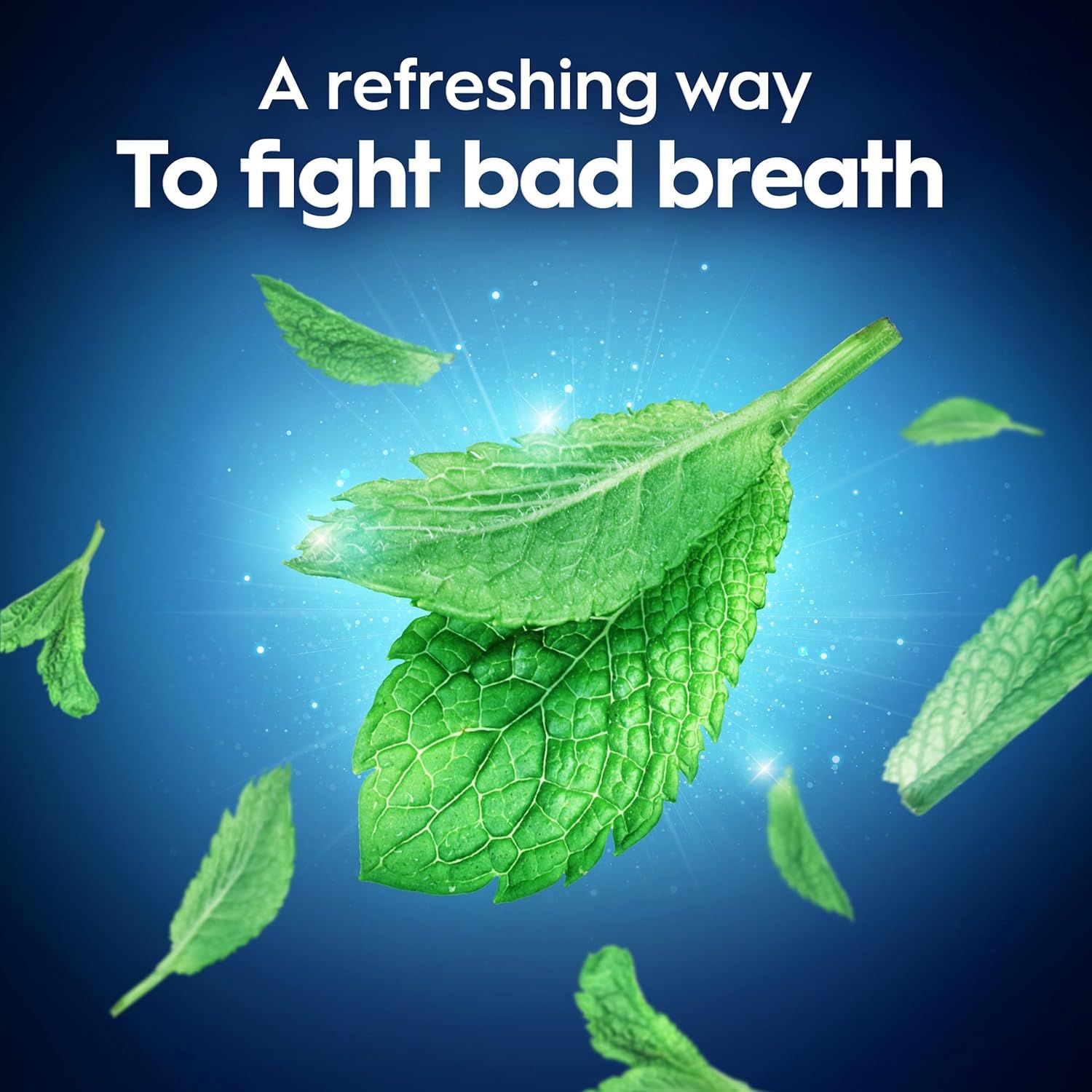 Communicates that the product provides a refreshing solution to bad breath, using mint imagery to convey freshness and effectiveness.