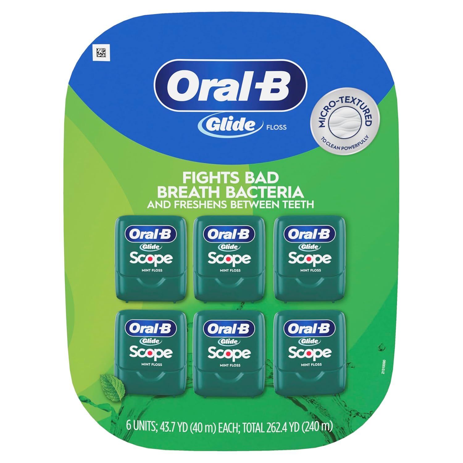 Shows the customer exactly what they receive in the bundle—six units of Oral-B Glide Scope mint floss—to communicate value and quantity. Highlights the primary benefit of the product—fighting bad…