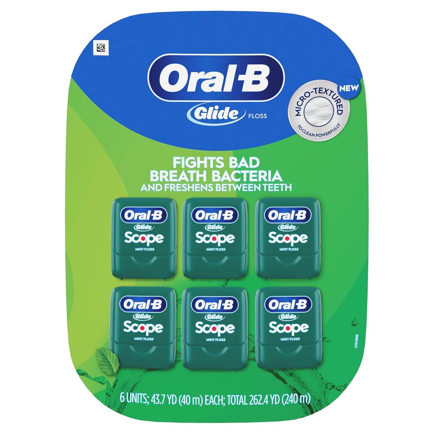 Shows the customer exactly what they receive in the bundle—six individual Oral-B Glide Scope mint floss units—to communicate value and quantity. Highlights the primary benefit of the…