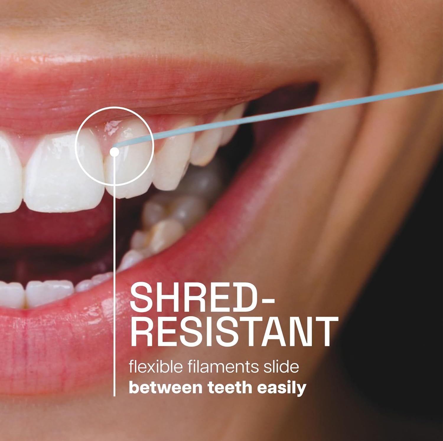 Highlights the product's shred-resistant design to reassure shoppers that the dental floss is durable and won't break or fray during use, making flossing easier and more effective.