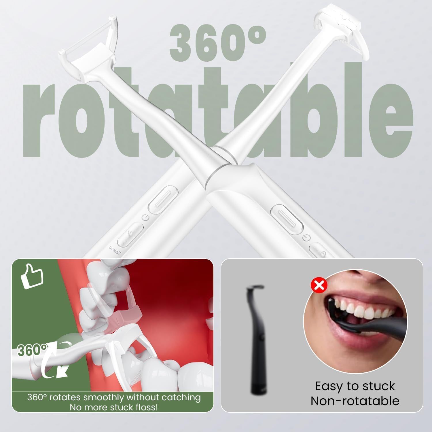 Demonstrates the product's superior 360° rotating capability compared to a non-rotatable competitor, showing how it prevents stuck floss and enables smooth rotation for better dental cleaning.…
