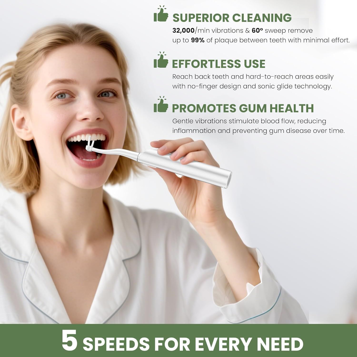 Communicates multiple key benefits of the electric toothbrush in a segmented layout, highlighting cleaning performance, ease of use, health benefits, and…