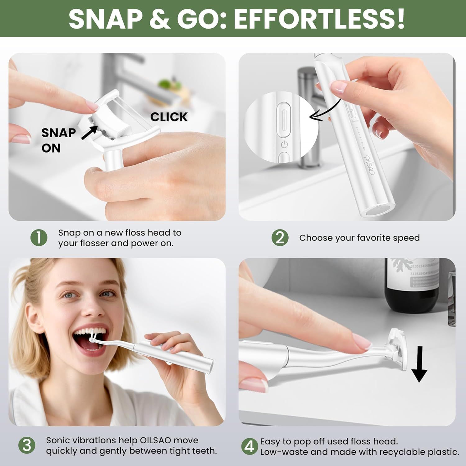 Demonstrates the simple 4-step process for using the water flosser, emphasizing effortless setup and operation to reassure shoppers that the product is…