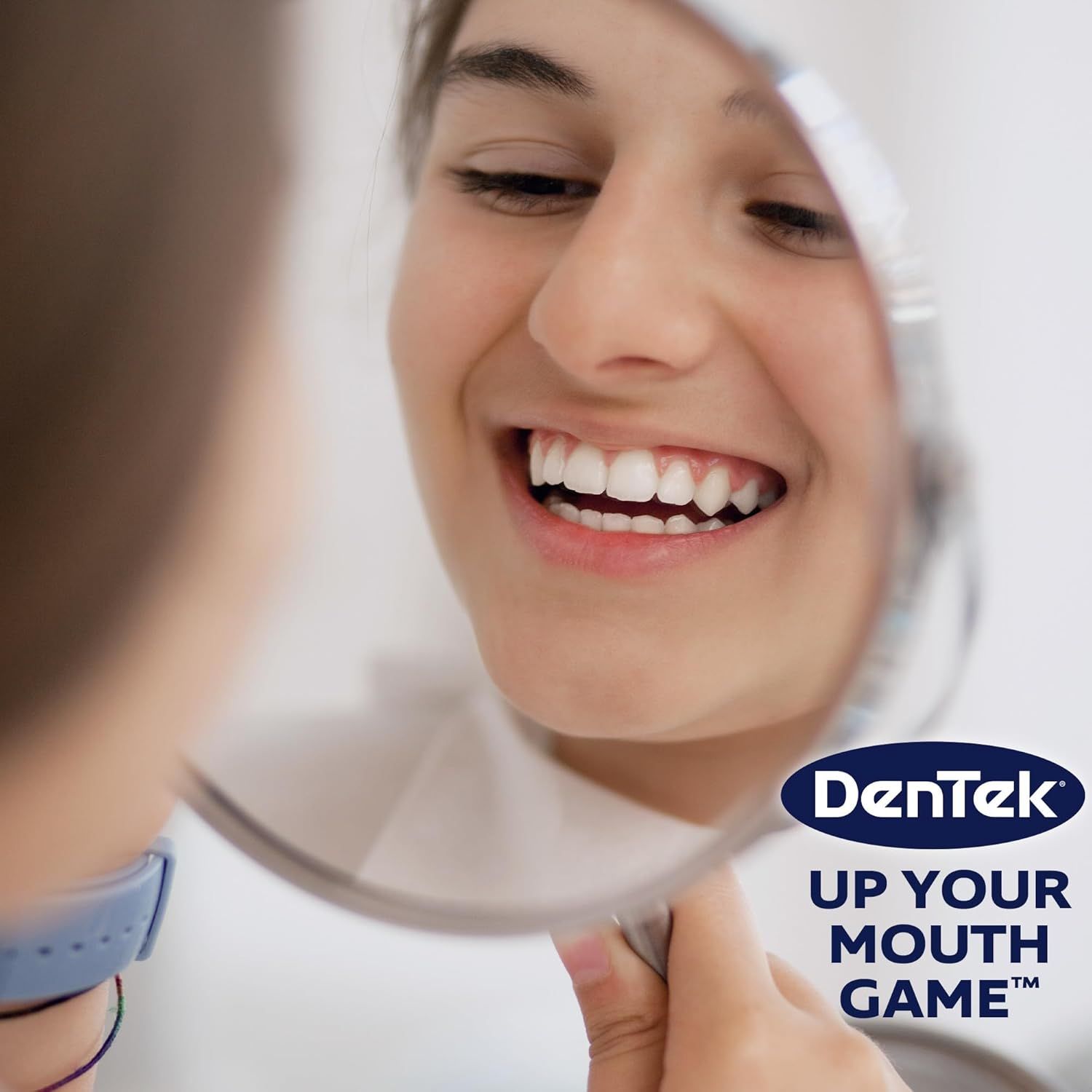 Establishes brand recognition and emotional connection through the DenTek logo and tagline, positioning the brand as a confident choice for oral care.