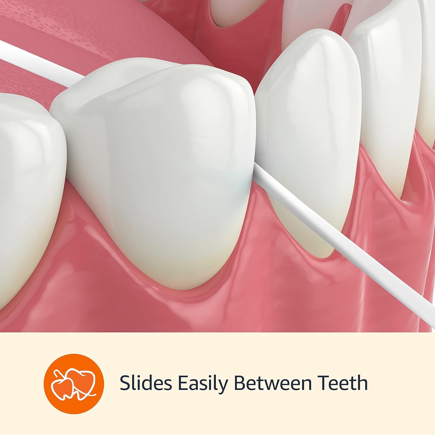 Demonstrates that the product (likely dental floss or interdental cleaner) slides easily between teeth, reassuring shoppers of its ease of use and…