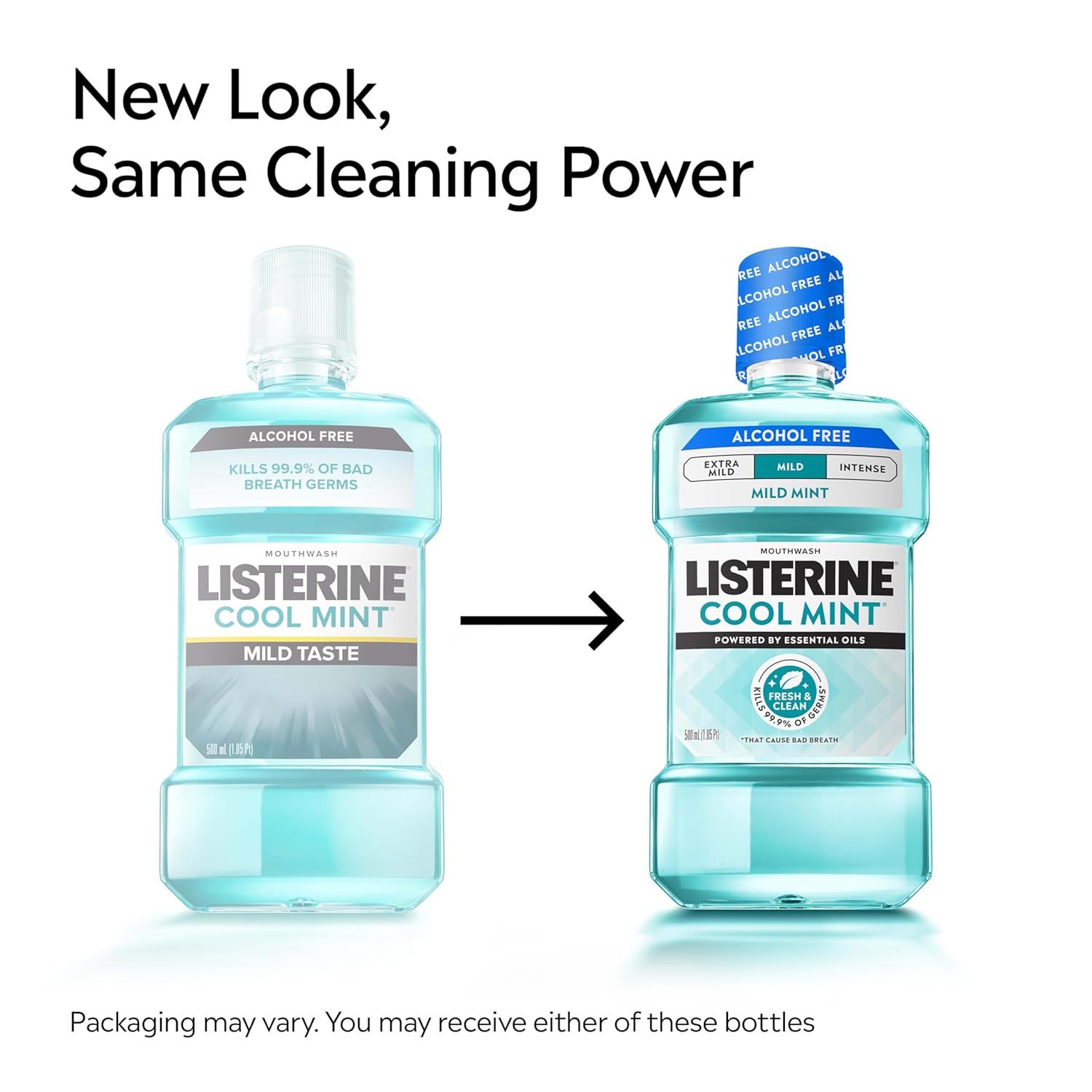 Communicates that the product has a new look/packaging but maintains the same cleaning power and effectiveness, reassuring shoppers that the formula remains unchanged.