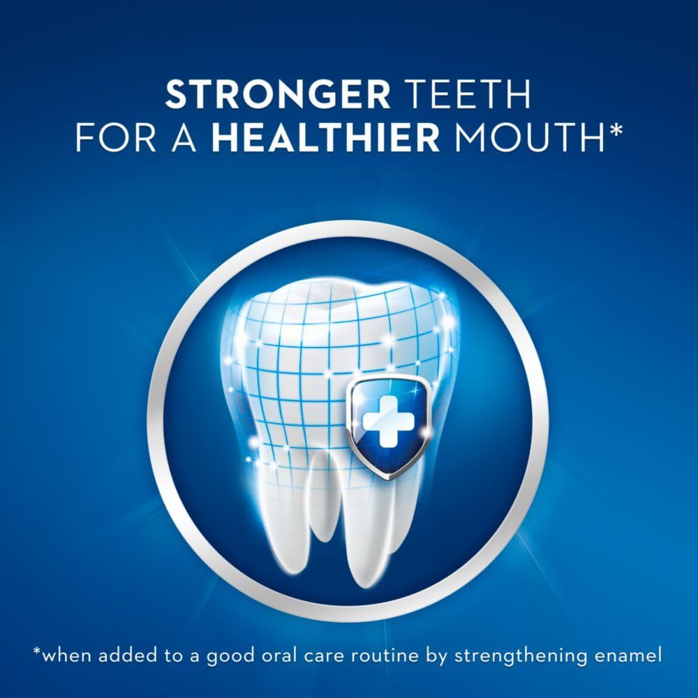 Communicates that the product strengthens tooth enamel for better oral health, reassuring shoppers of its protective dental benefits.