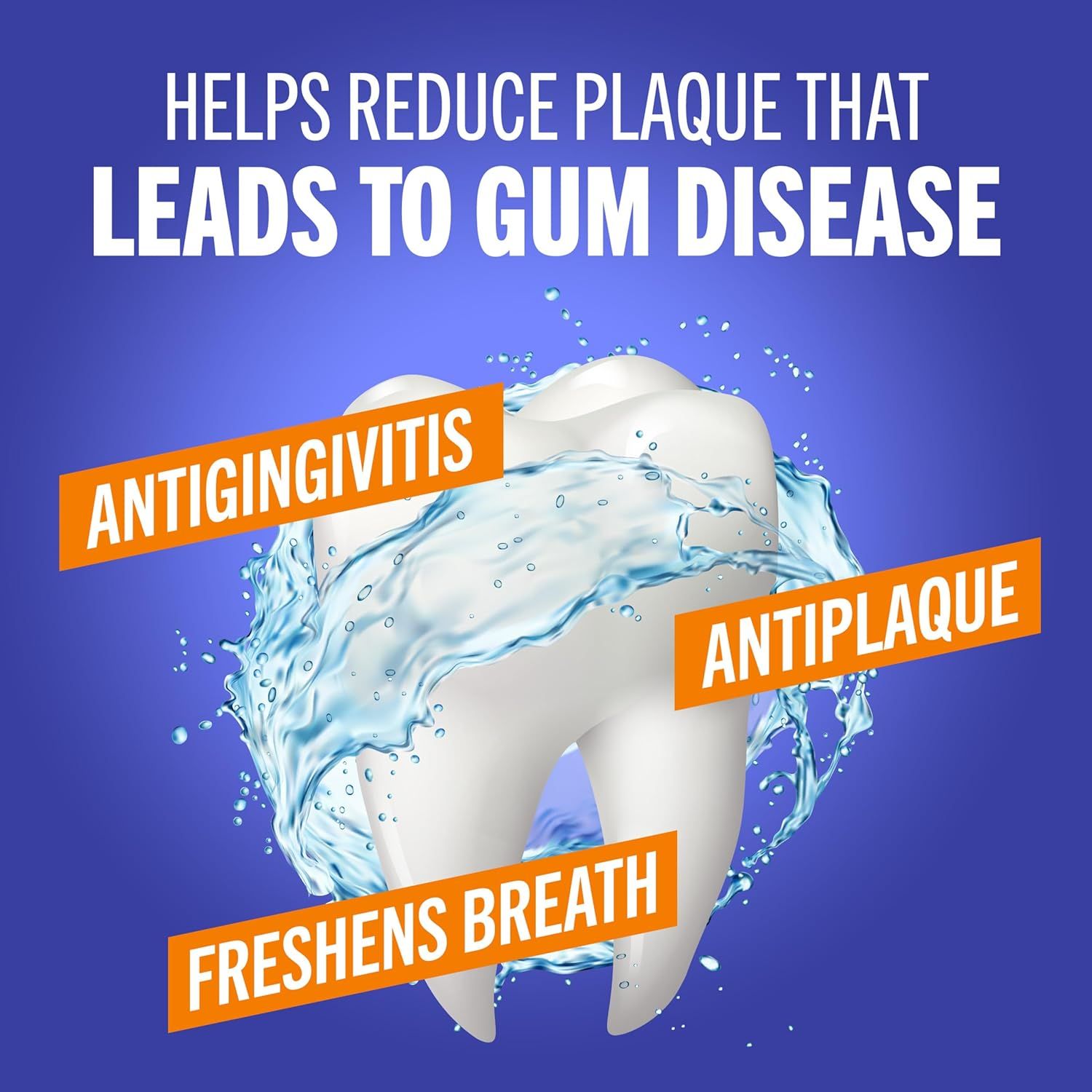 Communicates three distinct oral health benefits of the product (fighting gum disease, reducing plaque, and freshening breath) to reassure shoppers of its comprehensive dental care effectiveness.