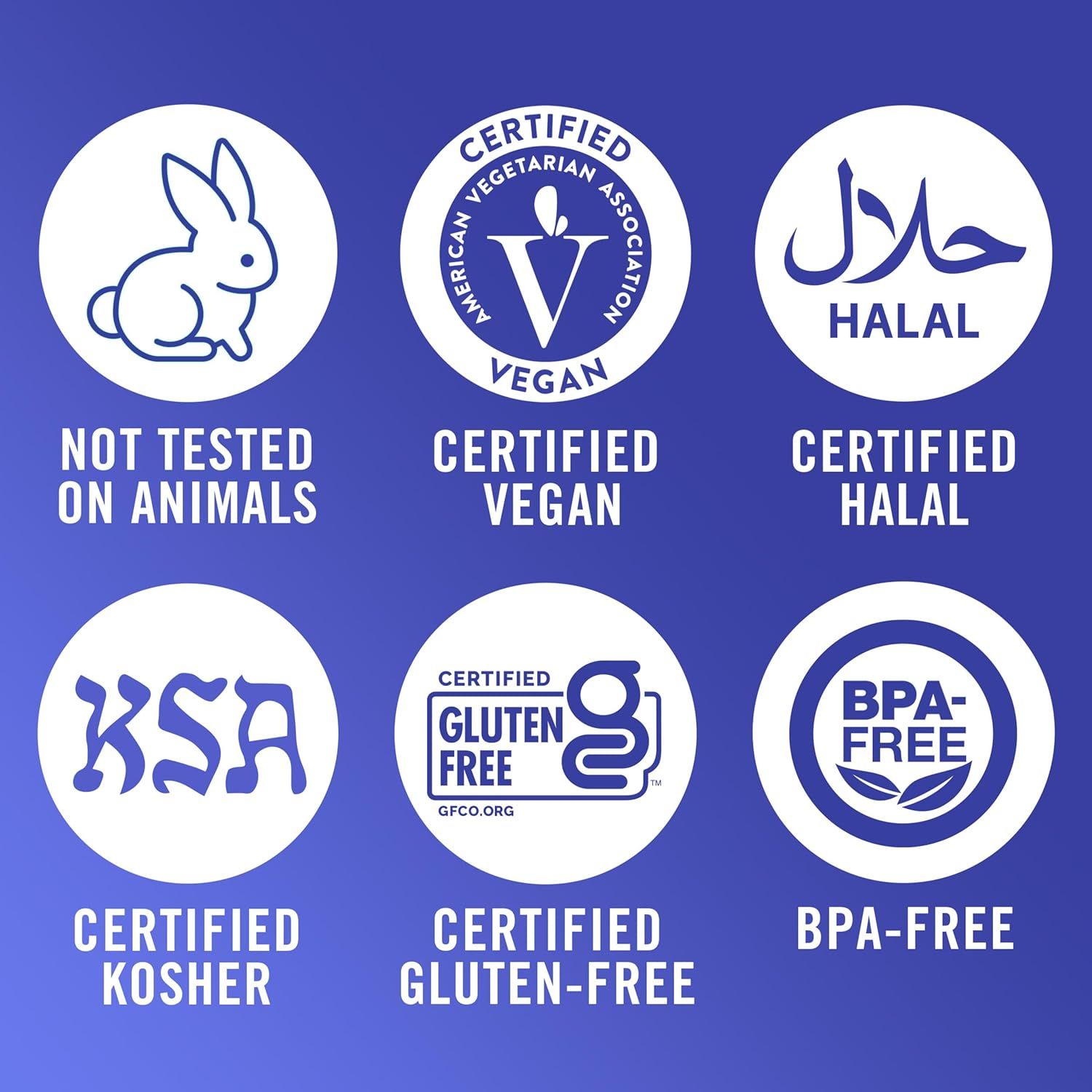 Communicates multiple safety, dietary, and ethical certifications to reassure shoppers that the product meets various lifestyle, religious, and health standards. Highlights six distinct product…
