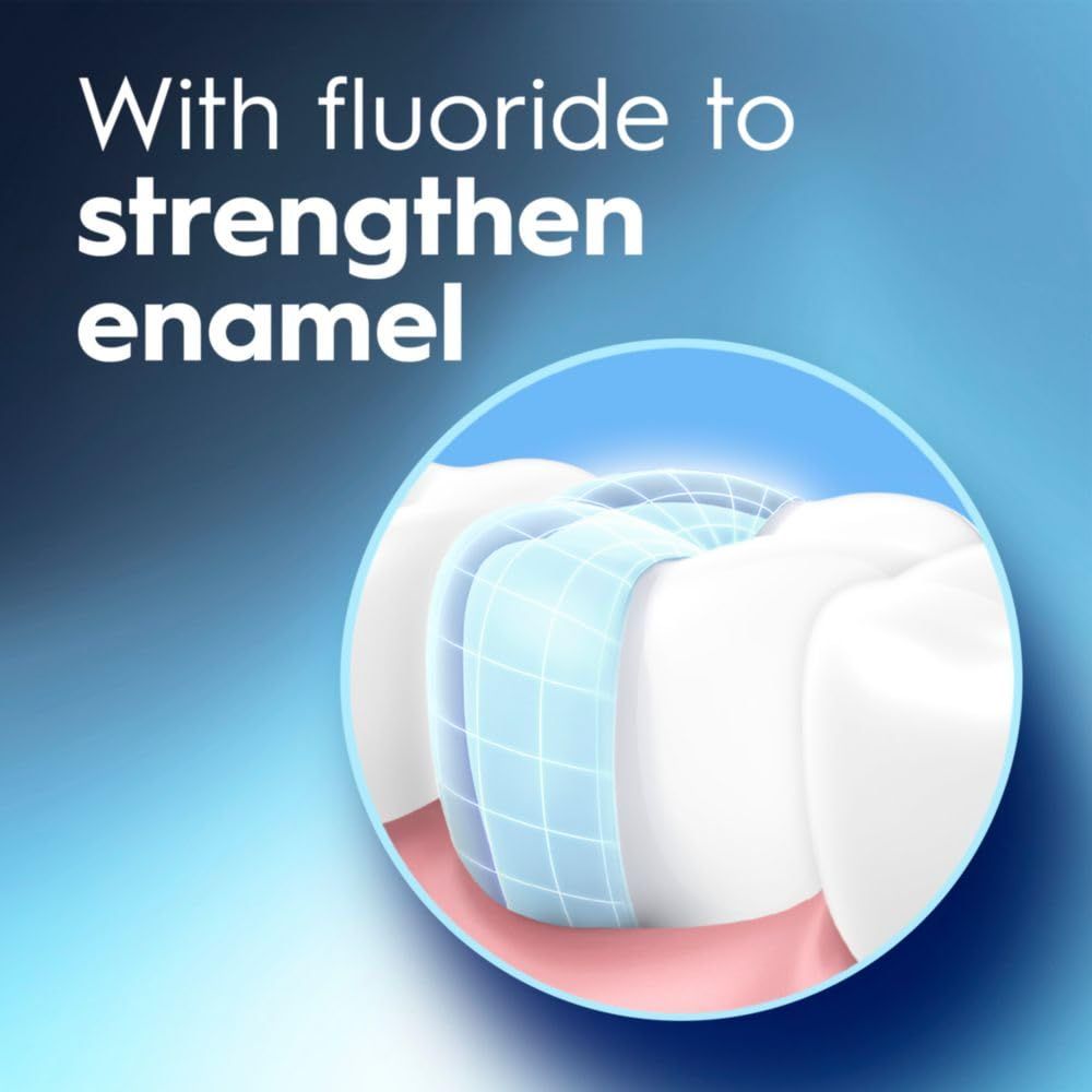 Communicates that the product contains fluoride to strengthen tooth enamel, reassuring shoppers about the dental health benefits of the toothpaste.