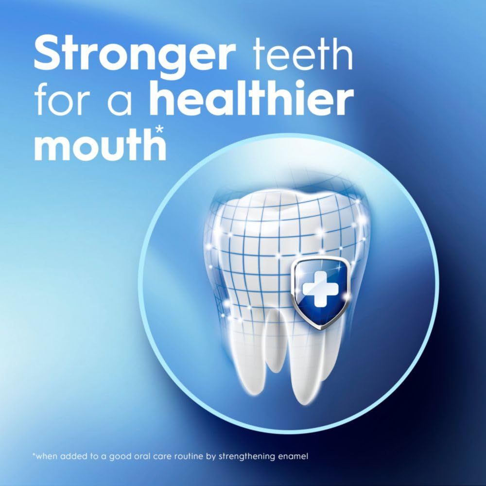 Communicates that the product strengthens tooth enamel and promotes overall oral health, reassuring shoppers of its protective dental benefits.