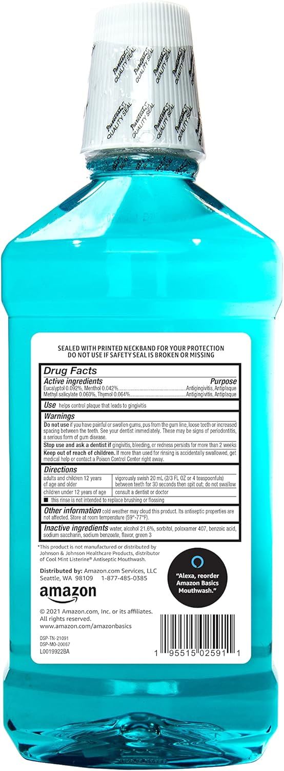 Provides a clean, catalog-style view of the mouthwash bottle showing the product label, drug facts, and packaging details for shopper reference.