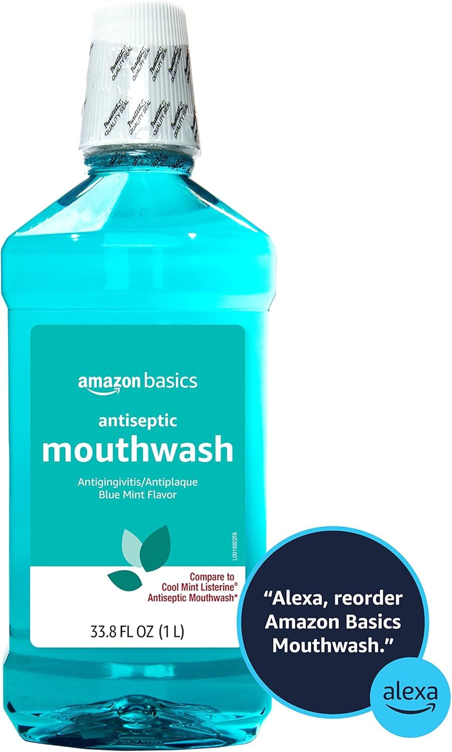 Communicates that this Amazon Basics mouthwash is comparable to the name-brand Listerine product, reassuring shoppers of equivalent quality at a better value. Highlights the convenience of…