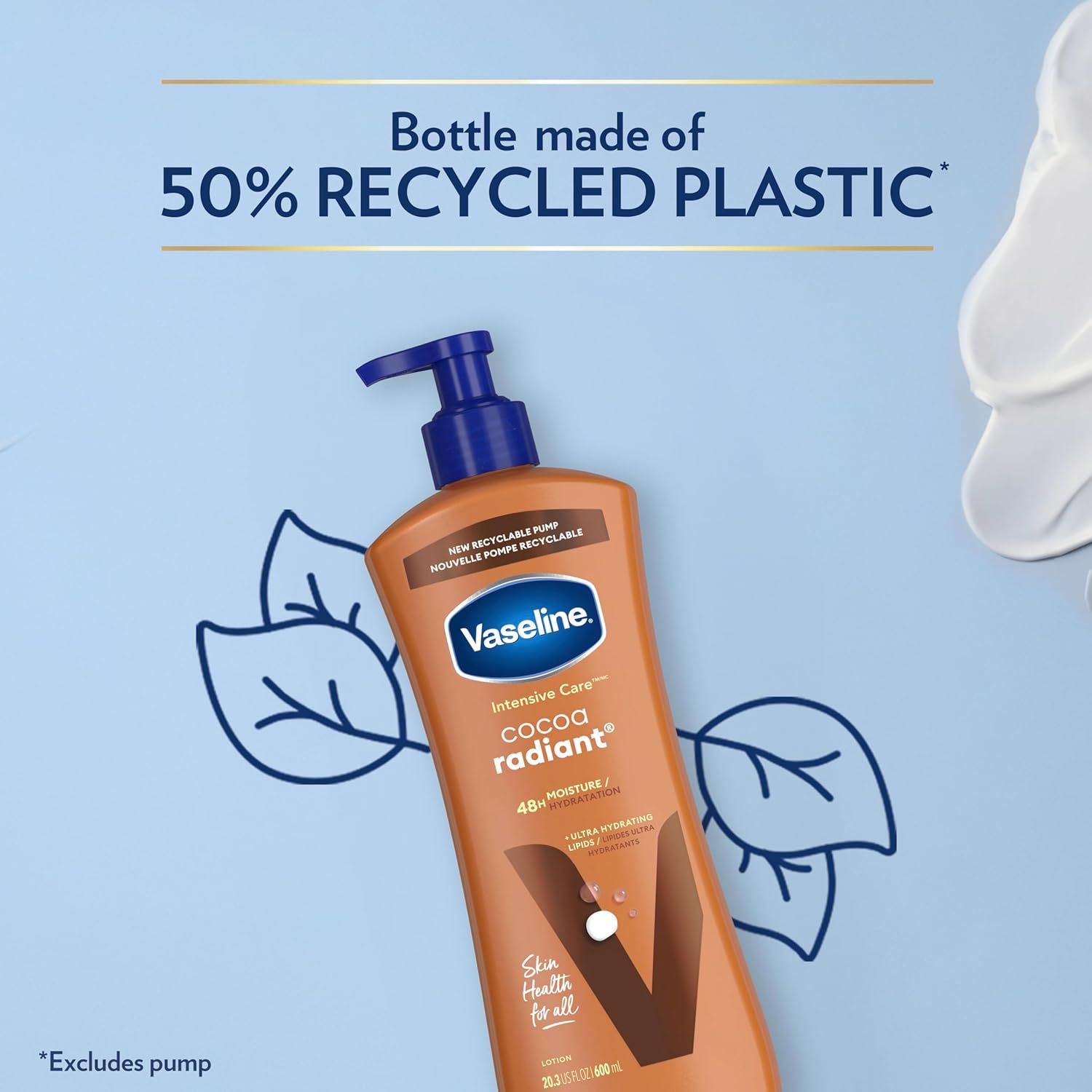 Communicates the product's environmental responsibility by highlighting that the bottle is made from 50% recycled plastic, appealing to eco-conscious shoppers. Reinforces the sustainability benefit…