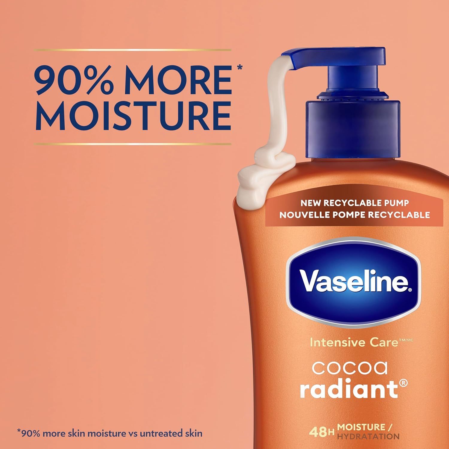Communicates the product's superior moisturizing performance with a bold quantifiable claim to convince shoppers of its effectiveness compared to untreated skin. Reinforces the core benefit of…