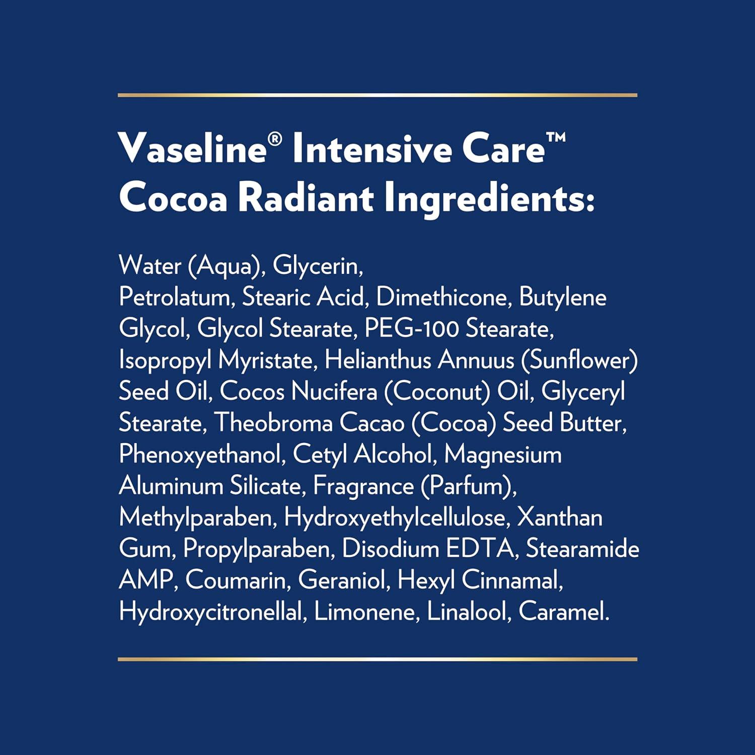 Communicates the premium, natural ingredient composition of the Vaseline Intensive Care Cocoa Radiant product to reassure shoppers about product quality and skin-nourishing benefits.