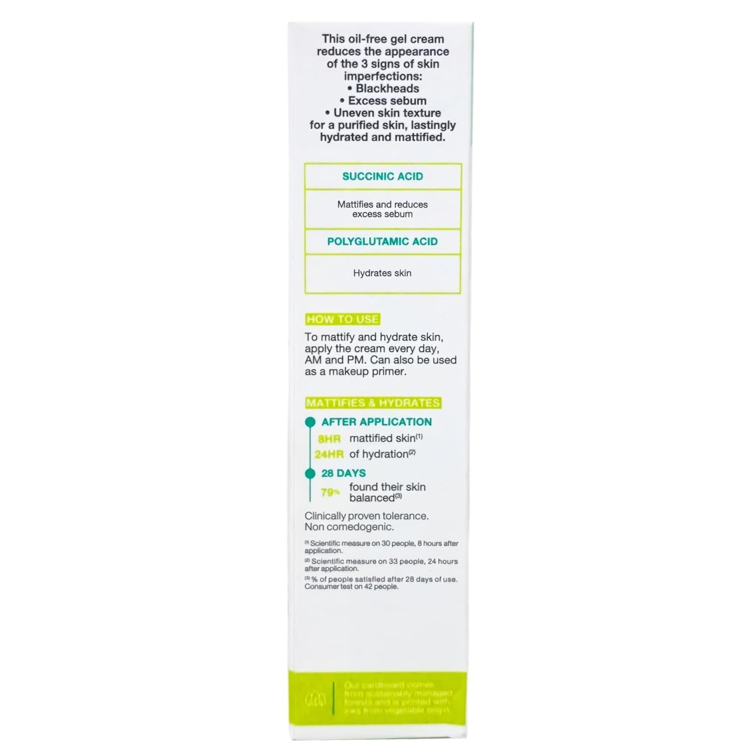 Communicates multiple skincare benefits including reducing imperfections, hydration, and mattifying effects, supported by ingredient callouts and clinical metrics to reassure shoppers of the…