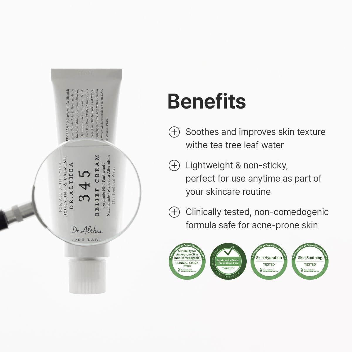 Communicates multiple distinct benefits of the skincare product in a segmented layout, highlighting its suitability for acne-prone skin, texture improvement, and lightweight feel to reassure…