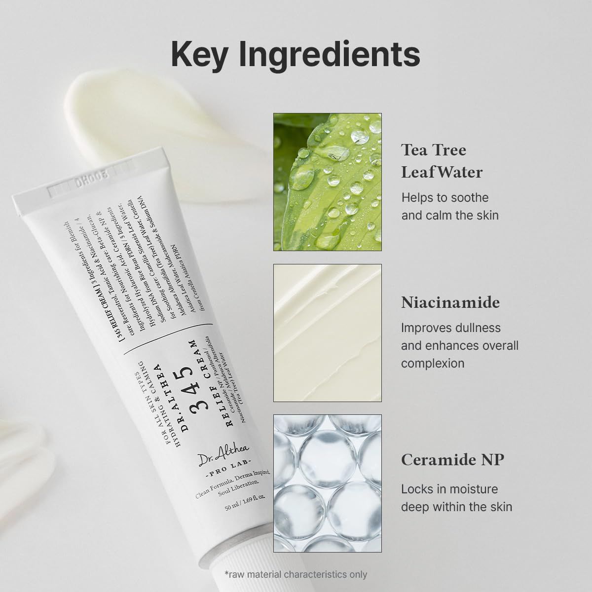 Highlights three key ingredients and their specific skincare benefits to educate shoppers on what makes the product effective for soothing, brightening, and moisturizing skin.