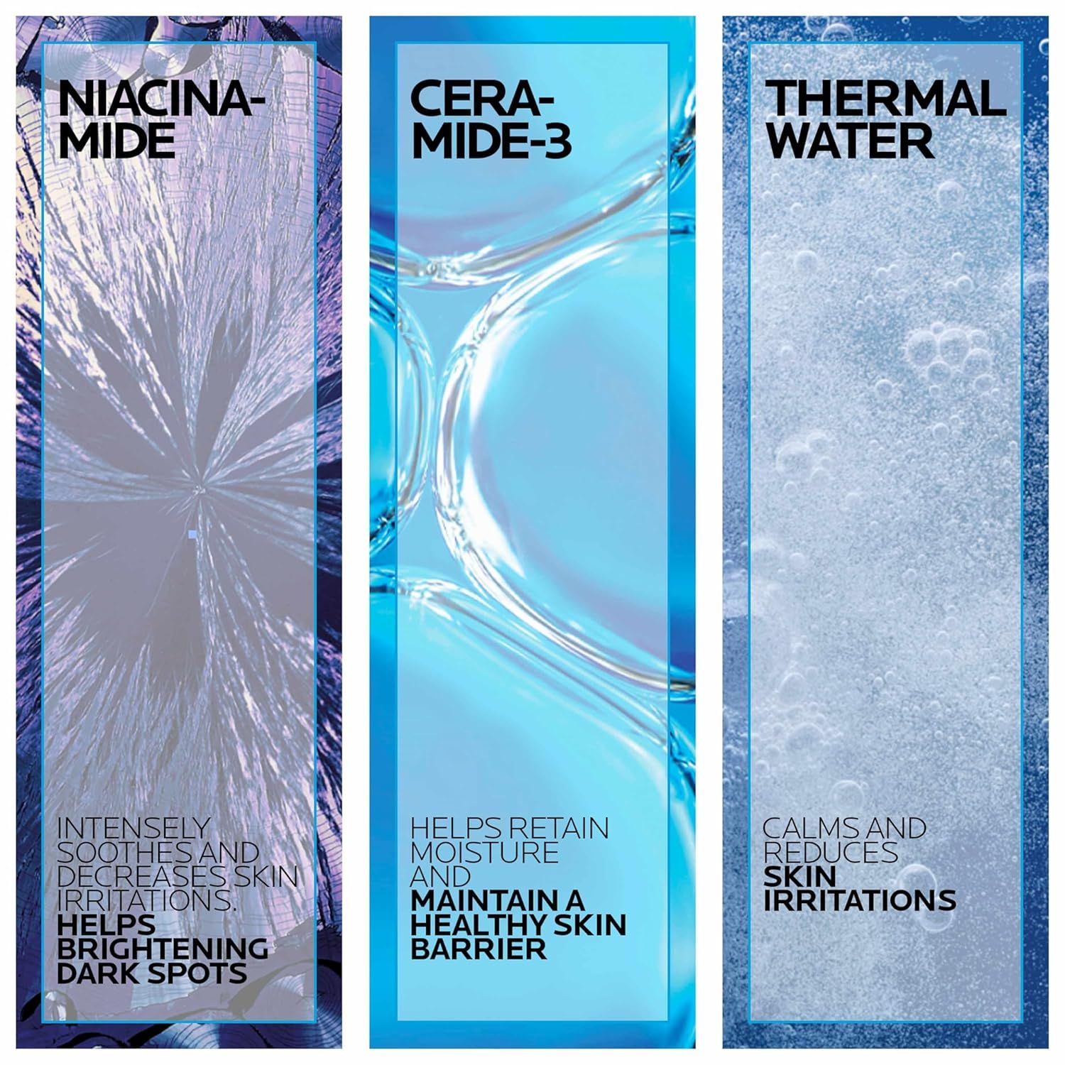 Communicates the product's three key ingredients and their distinct skincare benefits in a visually segmented layout to help shoppers understand the comprehensive formula.