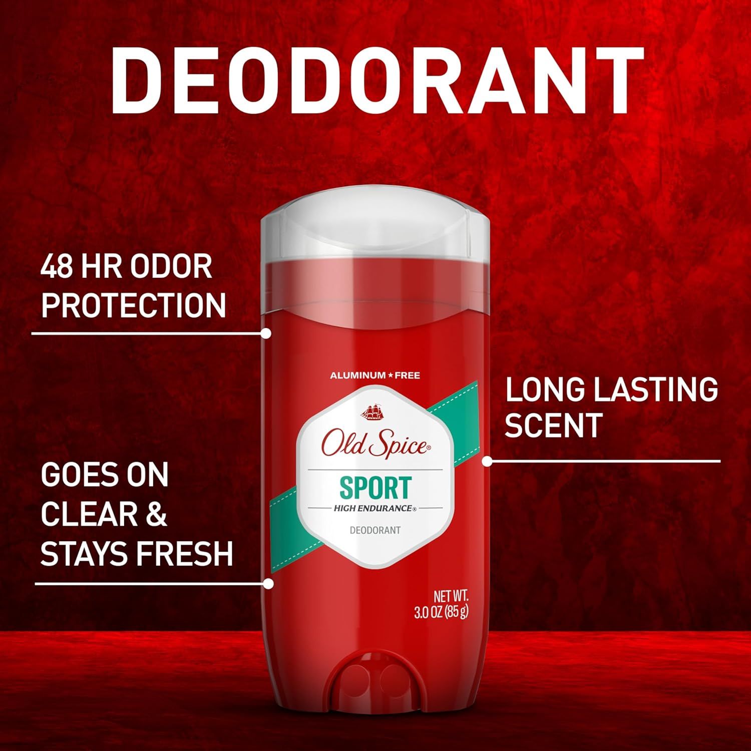 Communicates multiple key benefits of the deodorant in a visually segmented layout with callout lines pointing to different areas, reassuring shoppers of long-lasting protection, pleasant scent, and…