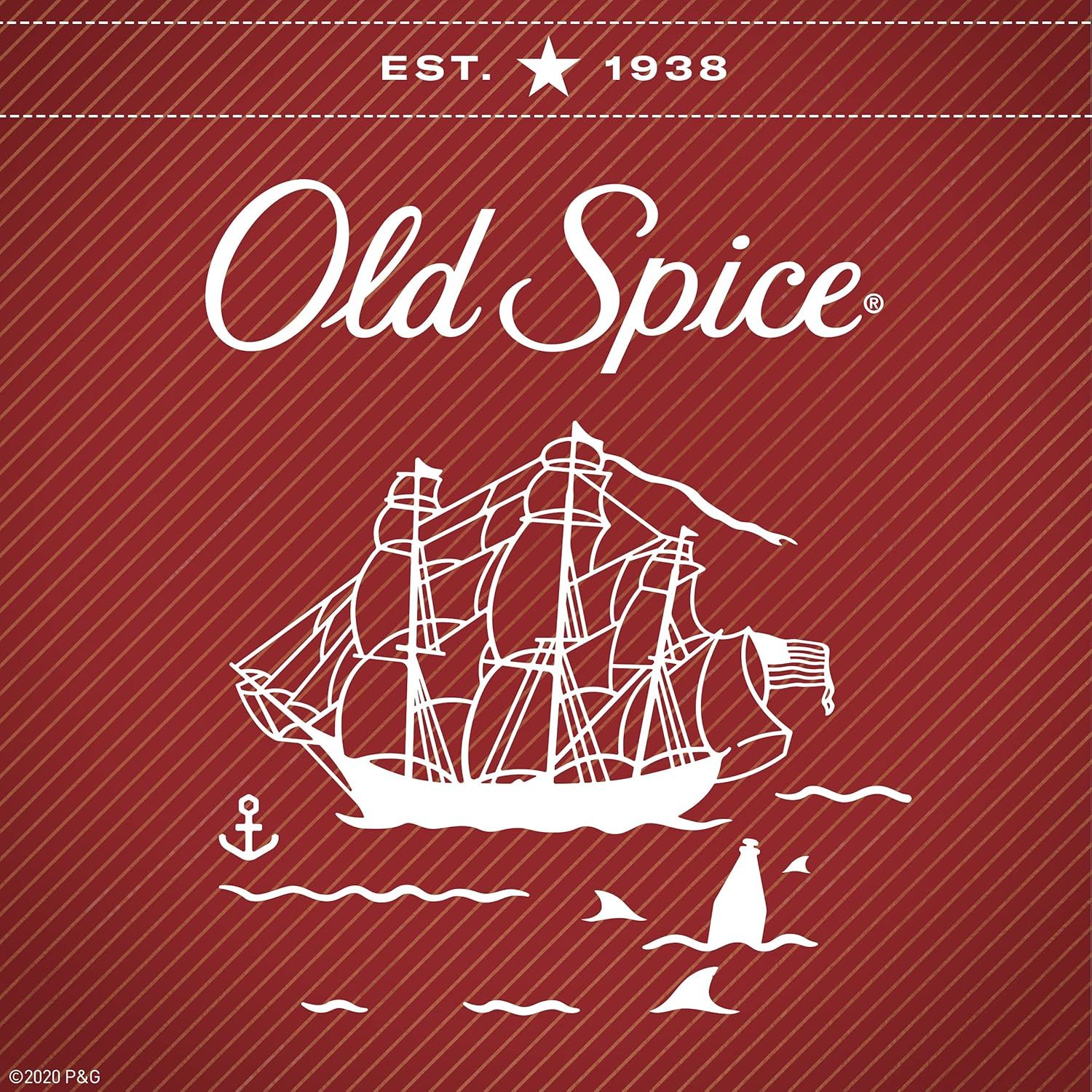 Communicates the brand's long-standing heritage and identity with 'EST. 1938' and iconic Old Spice logo and sailing ship imagery to build trust and brand recognition.
