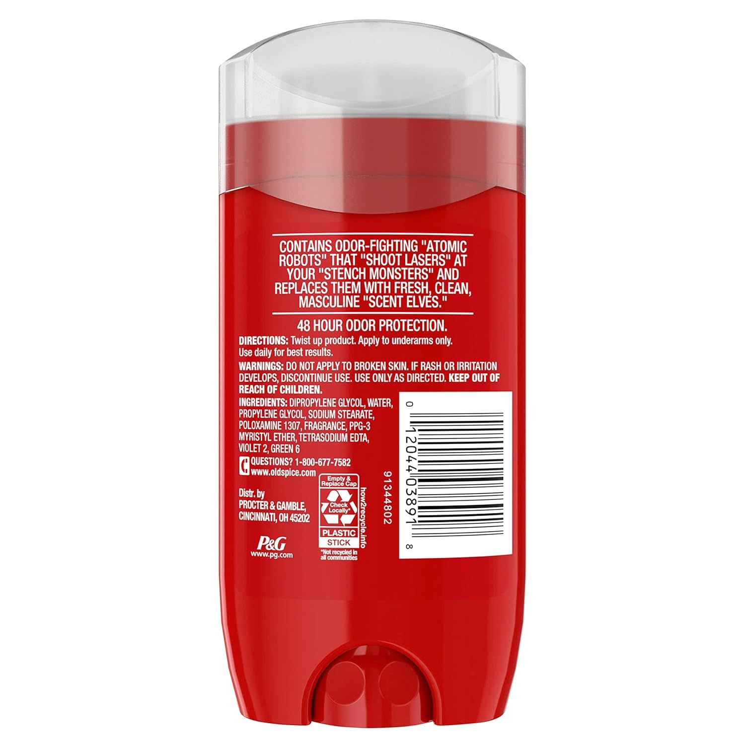 Shows the back of the deodorant stick with product information, ingredients, and barcode for shopper reference and transparency.