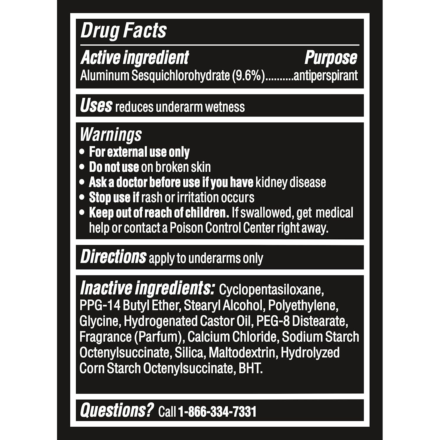 Provides comprehensive regulatory and safety information required for an antiperspirant product, including active ingredients, usage directions, warnings, and inactive ingredients to ensure informed…