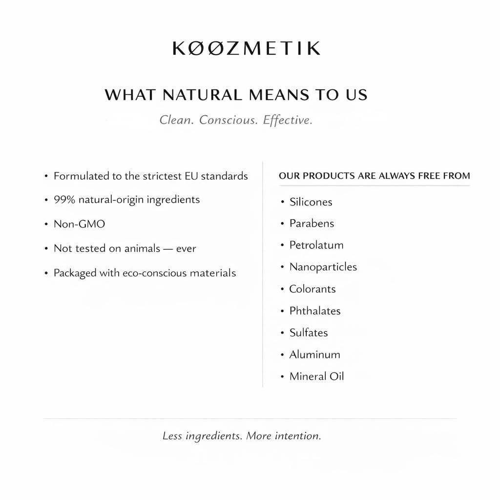 Communicates the brand's core values and philosophy around natural, conscious, and effective products, building trust through transparency about what is included and excluded from their formulations.